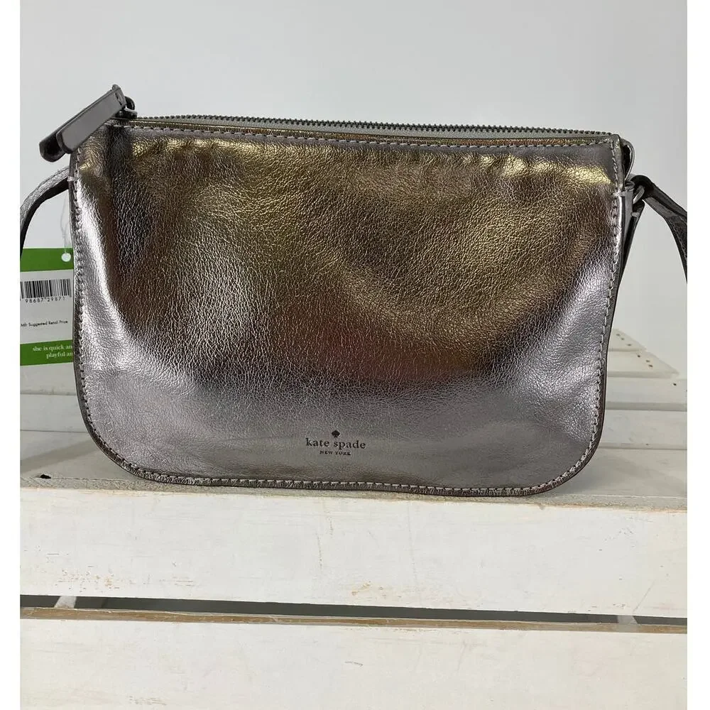 KATE SPADE NWT, PEWTER METALIC LEATHER WOMENS CROSSBODY BAG - Picture 1 of 12